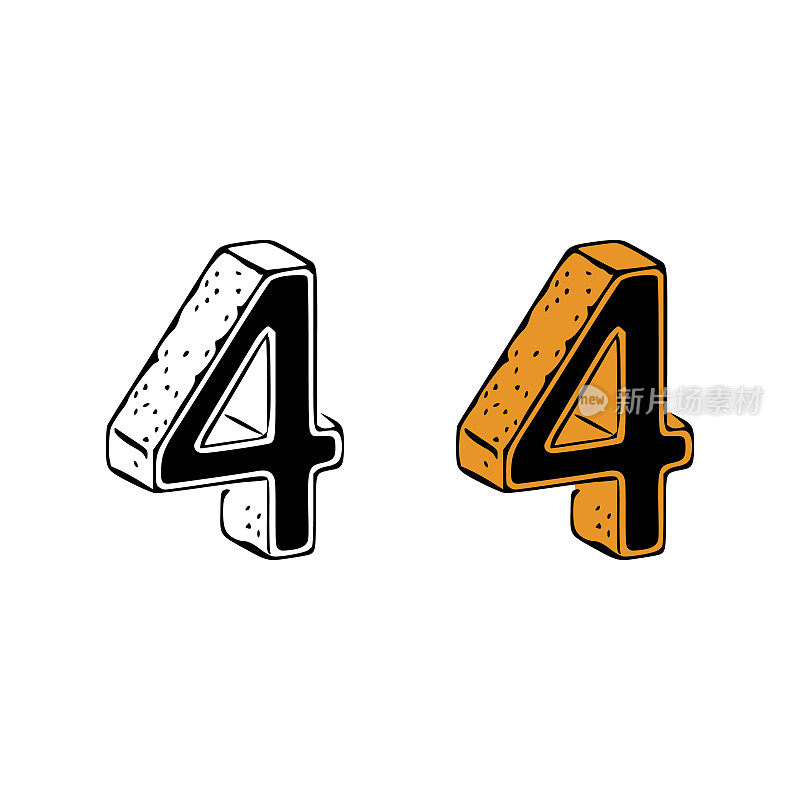 Isometric number 4 doodle vector illustration on white background. Number clip art.